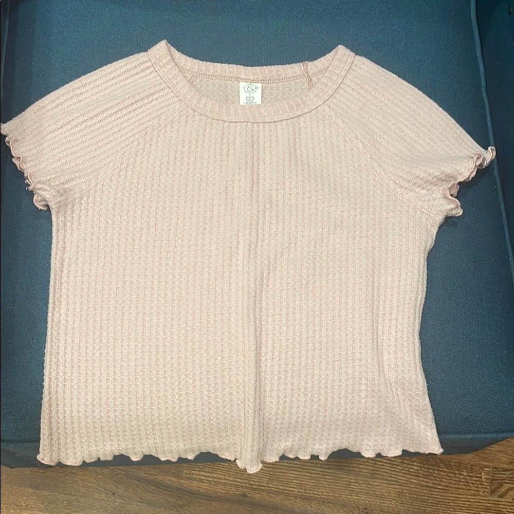 Cream Ribbed Short Sleeve Tee with Ruffled Edges